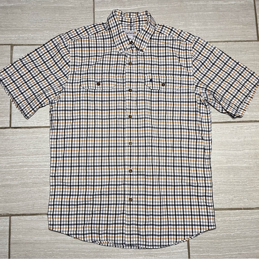Carhartt Button Down Plaid Shirt Relaxed Fit Short Sleeve Orange/Blue Mens Large